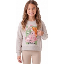 Onloox Kız Çocuk Bej Melanj Pamuklu Bisiklet Yaka Regular Pullu Baskılı Sweatshirt (8-9 Yaş)