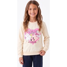 Onloox Kız Çocuk Krem Pamuklu Bisiklet Yaka Uzun Kollu Regular Kalp Baskılı Sweatshirt (2-4 Yaş)