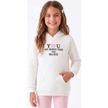 Onloox Kız Çocuk Ekru Kapitone Pamuklu Kapüşonlu Uzun Kollu Nakışlı Kanguru Cep Sweatshirt (8-14 Yaş)