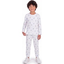 Onloox Erkek Çocuk Beyaz Pamuklu Penye Bisiklet Yaka Uzun Kollu Mavi Tüy Desenli Pijama Takımı (5-7 Yaş)