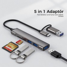 Sezy USB 3.0 USB Çoklayıcı 5 in 1 USB-A ve USB Type C Kablolu Micro SD ve SD Kart Okuyucu Özellikli USB Hub Çoğaltıcı 3 USB Port Yüksek Hızlı Data Aktarım