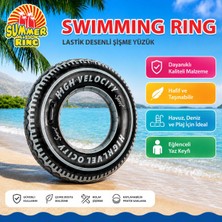 Mayf Summer Ring 90 cm Lastik Desenli Şişme Radyal Simit Yetişkin Yüzme Simidi Pvc Deniz Havuz Plaj Siyah Teker Desenli