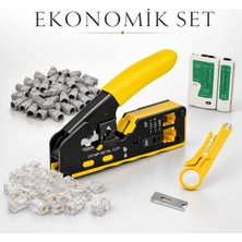 Ekonomik RJ45 Ağ Kurulum Seti Cat5 Cat6 Cat7 Uyumlu - Kablo Sıkma Pensesi + Test Cihazı + 50 Adet Konnektör + 50 Adet Koruyucu Boot + Mini Soyucu + Yedek Bıçağı
