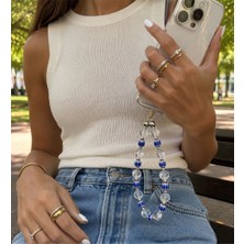 LES PETITES MAINS Iconic Şeffaf Kristal Mavi Cam Boncuklu Telefon Askısı, Boncuklu Telefon Charmı ve Çanta Aksesuarı