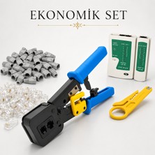 Ekonomik Set - RJ45 RJ11 Mavi Uzun Pense + Kablo Test Cihazı + Mini Soyucu + 50 Adet Konnektör + 50 Adet Koruyucu Boot