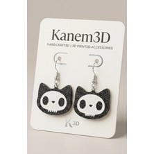 Kanem3D Cadılar Bayramı Temalı Işıltılı Siyah Kedi Iskelet Küpe - Halloween Takı