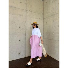 Minaaise Kadın Pembe Üstü Penye Altı Çizgili Dokuma Kumaş Uzun Oversize Elbise 29169