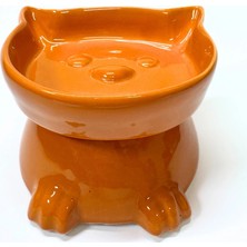 Ayaklı Kedi Kafa Figürlü Seramik Mama Kabı – 300 Ml- Turuncu