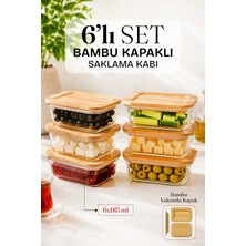 Nyl Home Bambu Vakumlu Kapaklı 6'lı Dikdörtgen Kase Cam Saklama Kabı Kahvaltılık Buzdolabı Tatlı Fırın Borcam