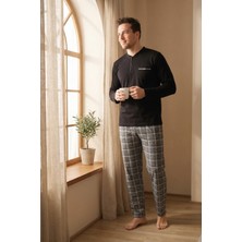Morro Erkek Pijama Takımı Uzun Kollu Düğmeli Yaka Cepli Çizgili Alt Compact Penye Pamuklu Ev Giyim Eşofman Takımı