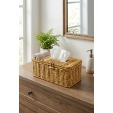 HBMB Store Bölmeli Kapaklı Doğal Rattan Görünümlü Hasır Organizer Sepet, Peçetelik, Makyaj ve Takı Düzenleyici, Plastik, 24X10X10 cm
