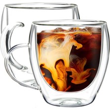 HBMB Store 2 Adet 250 ml Çift Cidarlı Isı Yalıtımlı Kulplu Cam Şeffaf Kupa MIT1009