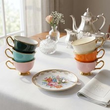 HBMB Store Porselen 6 Kişilik Kahve Fincanı Takımı, 12 Parça Kahve Seti, Gold Detaylı Renkli Fincan ve Çiçek Desenli Tabak Seti