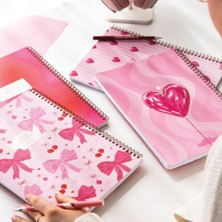 Esranın Dünyası 80 Yapraklı Çizgili Spiral Defter Seti, Kırmızı Kalp Desenli