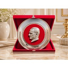 HiperAD Reklam Atatürk Portreli Kadife Kutulu Dekoratif Plaket 25 Cm, Gümüş Renk Kabartmalı Atatürk Rölyef Tabak