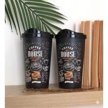 HBMB Store 2'li Coffee House Desenli Büyük Boy Kahve Bardağı Takımı (2 x 650 Ml) - Kahverengi Pipet Girişli Kapaklı Bardak Paketi
