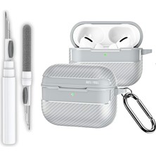 HBMB Store Airpods Pro 3. Nesil Uyumlu Karbon Fiber Hybrid Polymer Technology Premium Kulaklık Kılıfı ve 3'ü 1 Arada Bluetooth Kulaklık Temizleme Kalemi Seti (Gri)