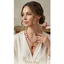 Woona Kırmızı Mercan Taşı & Sedeftaşı  Premium Aa Kalite Doğal Taş El Yapımı Kolye Küpe Set