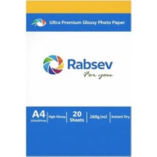 HBMB Store Rabsev Ultra Premium Parlak Fotoğraf Kağıdı, A4, 260G/M2, Hızlı Kuruyan, 20 Yaprak
