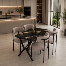 Orida Home Retro 4 Kişilik Mutfak Masa Takımı Siyah Mermer Desen Bej Kumaş