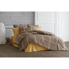 HBMB Store Lüks%80 Pamuklu Çift Kişilik Nevresim Takımı Seti Yorgan Kılıfı Love Kalp Desen 200X220 cm + Lastikli Battal Boy Çarşaf 180X200X30 cm +2 Yastık Kılıflı 50X70 cm (Kahverengi, Kareli)