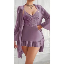 Melonika Luna Lora Amethyst Ruffle Özel Tasarım Dantel Işlemeli Fırfırlı Sabahlıklı 2’li Mor Gecel