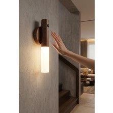 Eco Lounge Lüks Kablosuz Şarjlı LED Duvar Lambası Ahşap Renk Günışığı Hareket Sensörlü Aplik