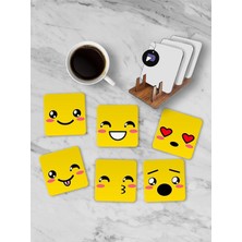 Karahanbey Postermanya (PSTER21282) Emoji Yüzler Standlı Ahşap Bardak Altlığı Seti, 6 Adet Baskılı Bardak Finc
