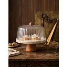 Empressco Doğal Traverten Mermer Sunumluk, Kek Standı, Ayaklı, Fanuslu 25X2 cm