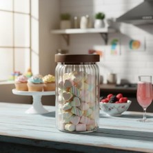 Larskas Deconox Akasya Kapaklı Çizgili Cam Kavanoz (750 Ml) | Hava Geçirmez, Modern Fitilli Tasarım Gıda Saklama Kabı | Bakliyat, Kahve, Çay ve Kuruyemiş Kavanozu (9X15 Cm)
