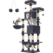 Larskas Feandrea Kedi Ağacı, Büyük Oyun Kulesi, Yükseklik 206 Cm, 13 Çizik Tahtası, 1 Çizik Tahtası, 2 Platform, 2 Niş, Sepet, Hamak, Pompon, Peluş Kumaş, Çok Seviyeli Koyu Gri