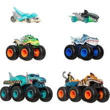 Larskas Hot Wheels Oyuncak Arabalar ve Monster Trucks, Köpek Balığı ve Dinozor Çoklu Paketi, 2 Büyük Tır, 1:64 Ölçekli 2 Monster Trucks ve 1:64 Ölçekli 2 Hot Wheels Araç, JGD68