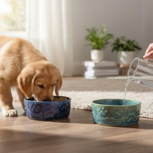 Larskas Ceraline 2’li Porselen Kedi Köpek  Kabı ve Su Kabı Evcil Hayvanlar Için (Mavi)