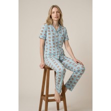 Morro Kadın Mint Ayıcık Desenli Cepli Pamuklu Kısa Kollu Pijama Takımı