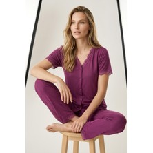Morro Kadın Vişne Dantelli Viskon V Yaka Kısa Kollu Pijama Takımı
