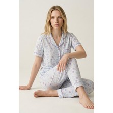 Morro Kadın Mint Ayıcık Desenli Cepli Pamuklu Kısa Kollu Pijama Takımı