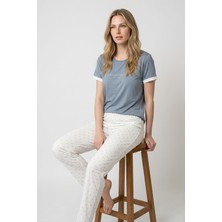 Morro Kadın Mavi Yazı Baskılı Bisiklet Yaka Kısa Kollu Pijama Takımı