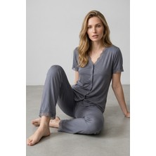 Morro Kadın Vişne Dantelli Viskon V Yaka Kısa Kollu Pijama Takımı