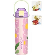 Larskas 600 ml Tek Kapak Çift Kullanım Pipetli Rahat Içim Kulplu Paslanmaz Çelik Termos FF1111-600ML Pembe
