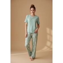 Pijapia Kadın Kısa Kollu Geniş Paça Likralı Pijama Takımı Mint