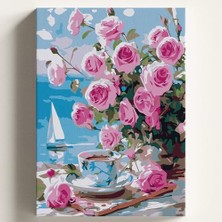 Larskas Sayılarla Boyama Tuval Hobi Seti Pembe Güllü Manzara Temalı Fırça ve Boya Dahil Set (Çıtalı) 40X50 cm Kendin Yap Sayılarla Tuval Boya Kiti (Kasnaklı)