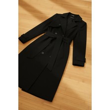 Select Moda Kadın Siyah Uzun Trençkot Kemerli Tasarım %65 Polyester %35 Cotton ile Şıklık