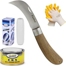 Karahanbey BADEM10 Aşı Bıçağı Eğri Uçlu Bağ Bıçağı Ara Çakı + Aşı Bandı + Aşı Macunu + Eldiven (4'lü Set)