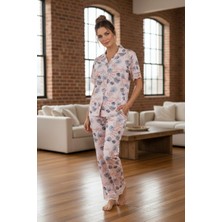 Pijapia Kadın Kısa Kollu Likralı Düğmeli Pijama Takımı Gül Kurusu