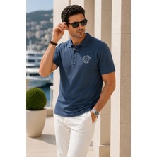 Polo State Erkek Duman Mavisi Polo Yaka Nakışlı Pike T-Shirt