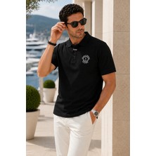 Polo State Erkek Siyah Polo Yaka Nakışlı Pike T-Shirt