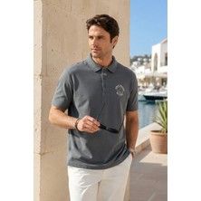 Polo State Erkek Gri Polo Yaka Nakışlı Pike T-Shirt
