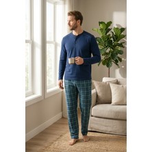Morro Erkek %100 Pamuk Hayalet Pijama Takımı Uzun Kollu Düğmeli Yaka Penye Üst Ekose Pantolonlu Ev Giyim Seti