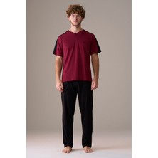 Pijapia Erkek Kısa Kol %100 Pamuk Büyük Beden Pijama Takımı Bordo