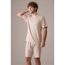 Pijapia Erkek Kısa Kol %100 Pamuk Şortlu Pijama Takımı Kum Beji